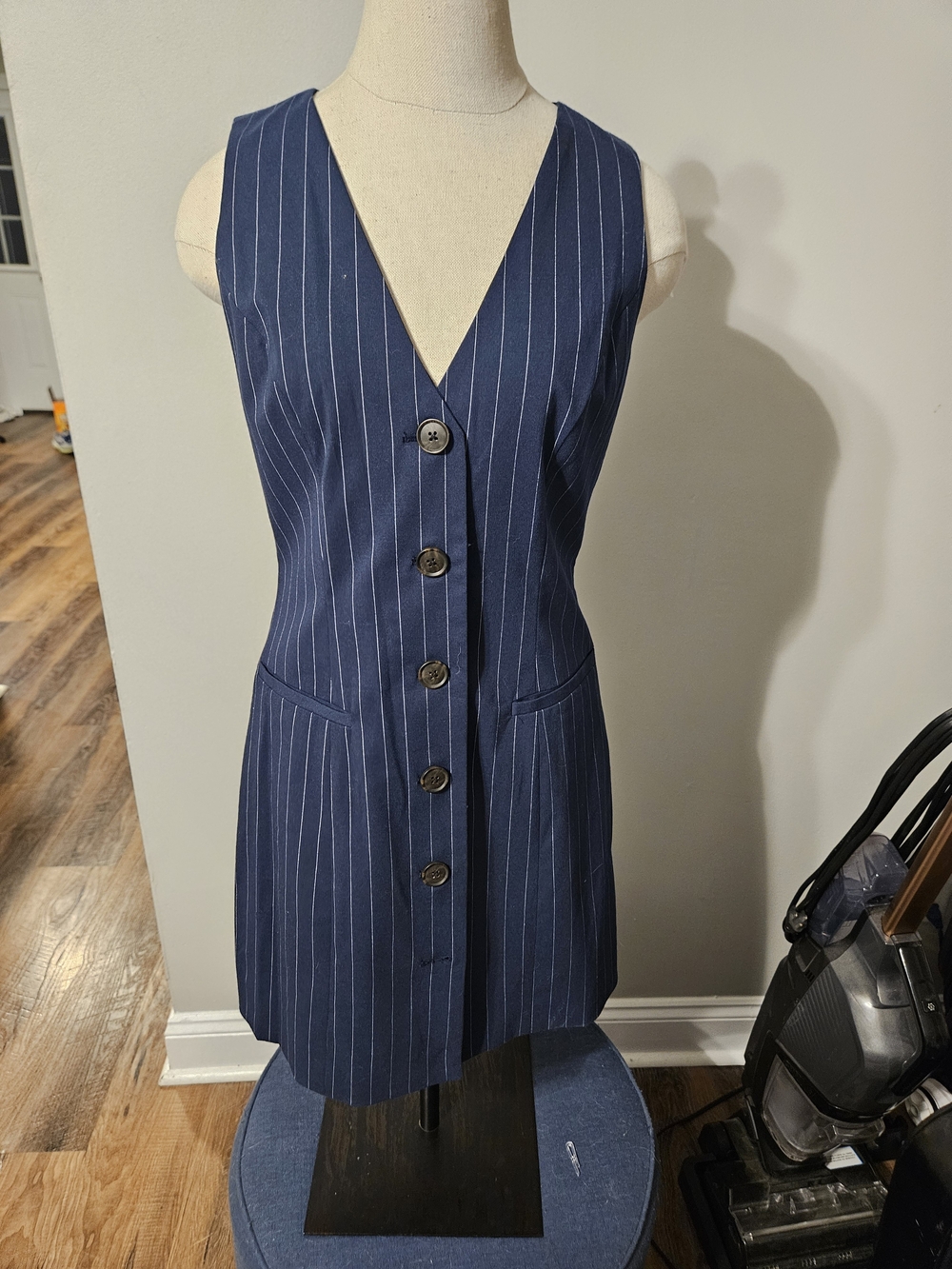 a new day Navy Pinstripe Button-Front Vest Dress